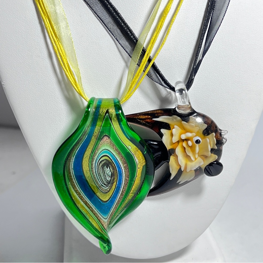 2 Hand Blown Murano Style Glass Necklaces 2 Pendants Swirl Fish Dolphin